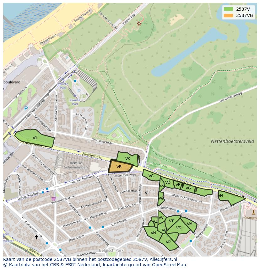 Afbeelding van het postcodegebied 2587 VB op de kaart.