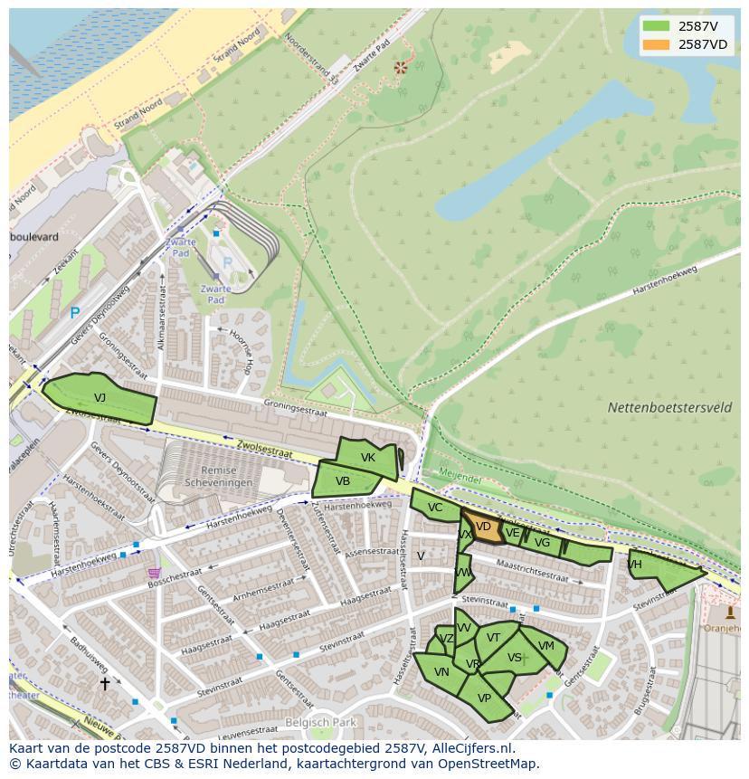 Afbeelding van het postcodegebied 2587 VD op de kaart.