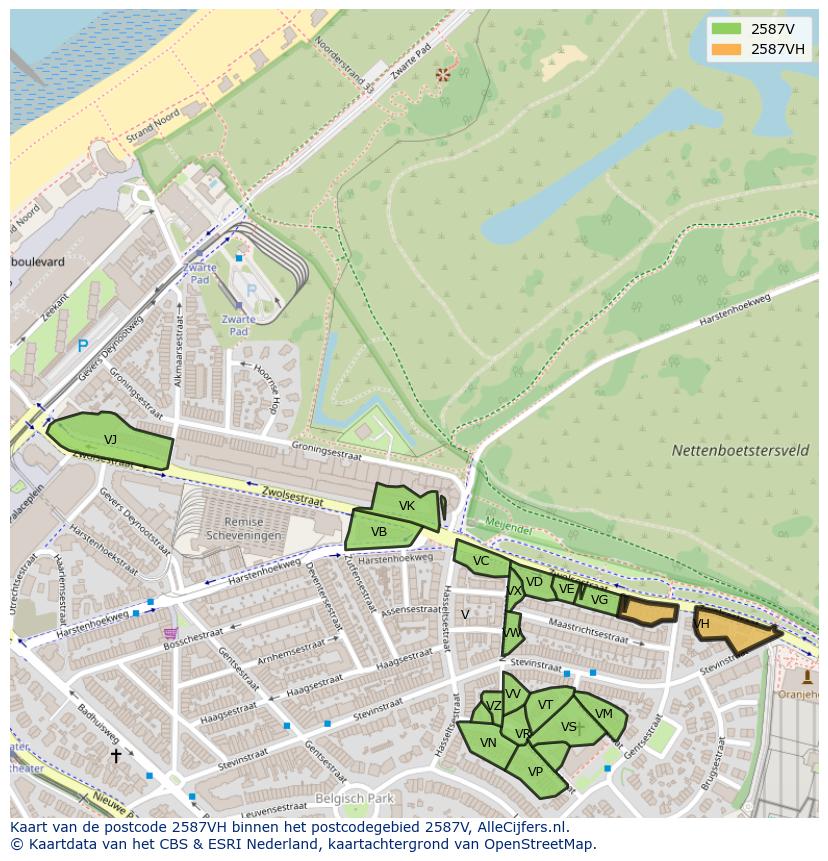 Afbeelding van het postcodegebied 2587 VH op de kaart.
