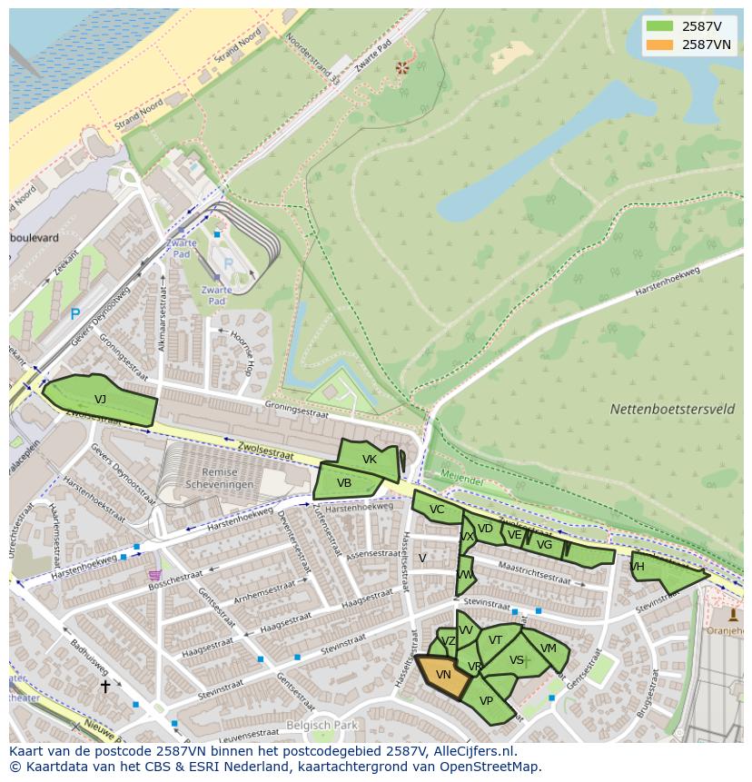 Afbeelding van het postcodegebied 2587 VN op de kaart.