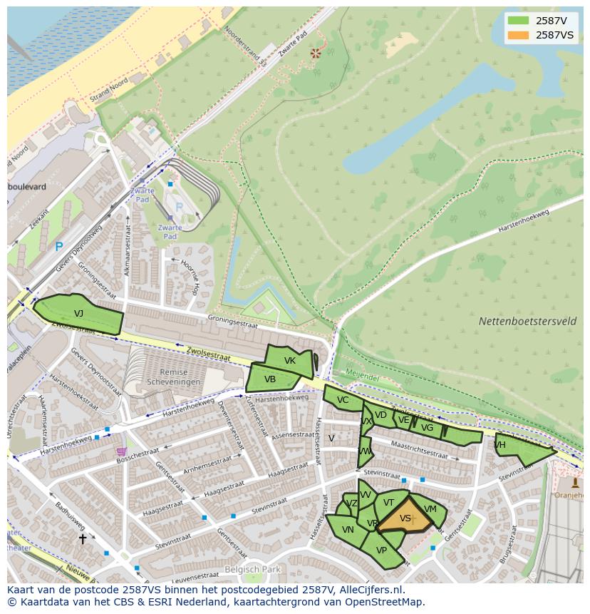 Afbeelding van het postcodegebied 2587 VS op de kaart.