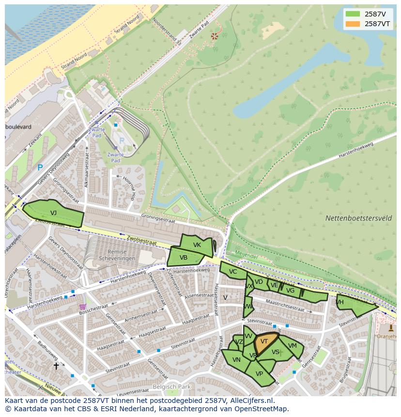 Afbeelding van het postcodegebied 2587 VT op de kaart.