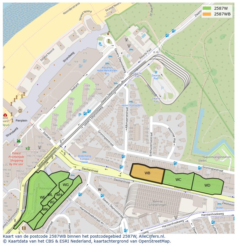 Afbeelding van het postcodegebied 2587 WB op de kaart.