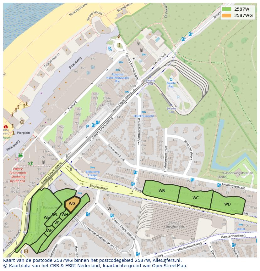 Afbeelding van het postcodegebied 2587 WG op de kaart.