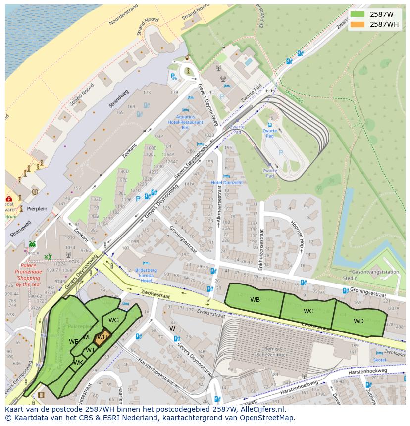 Afbeelding van het postcodegebied 2587 WH op de kaart.