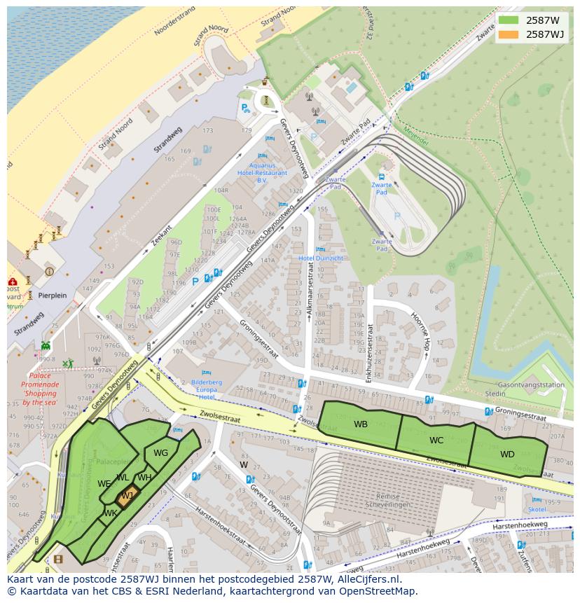Afbeelding van het postcodegebied 2587 WJ op de kaart.
