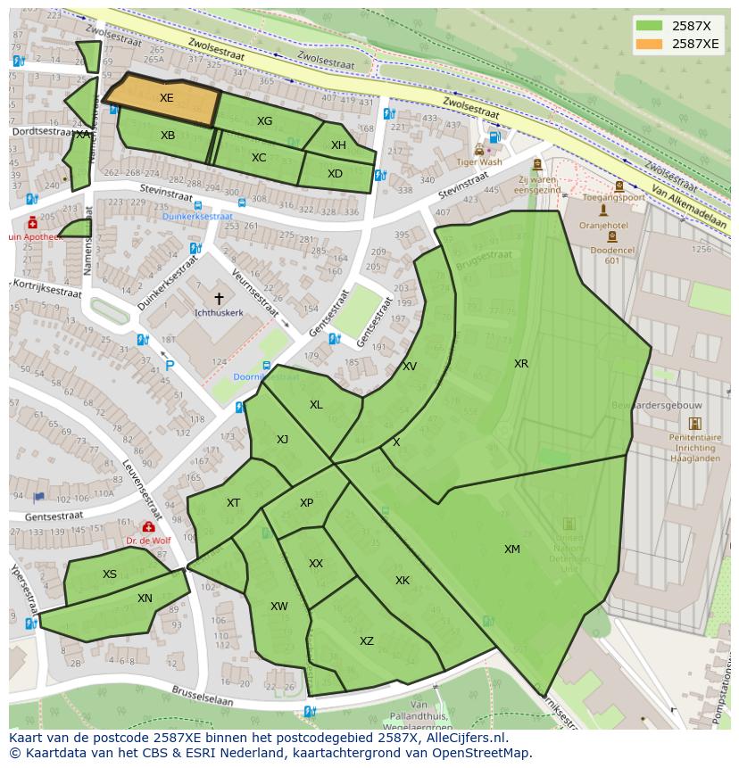Afbeelding van het postcodegebied 2587 XE op de kaart.
