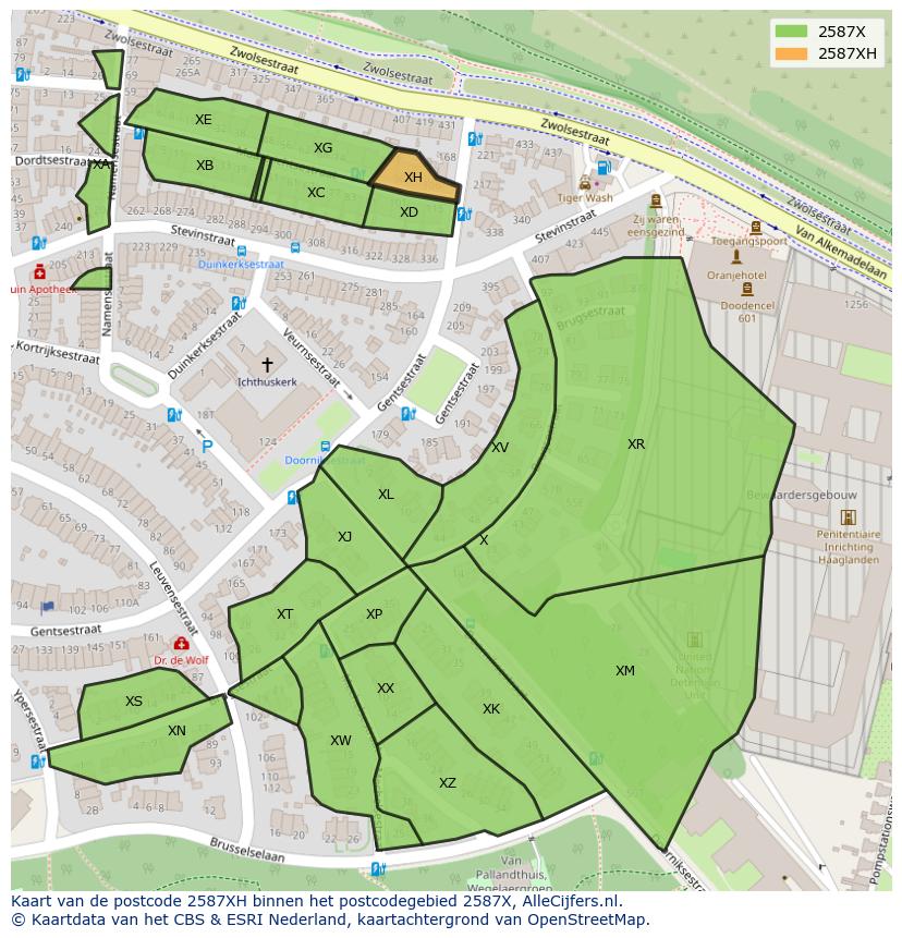 Afbeelding van het postcodegebied 2587 XH op de kaart.