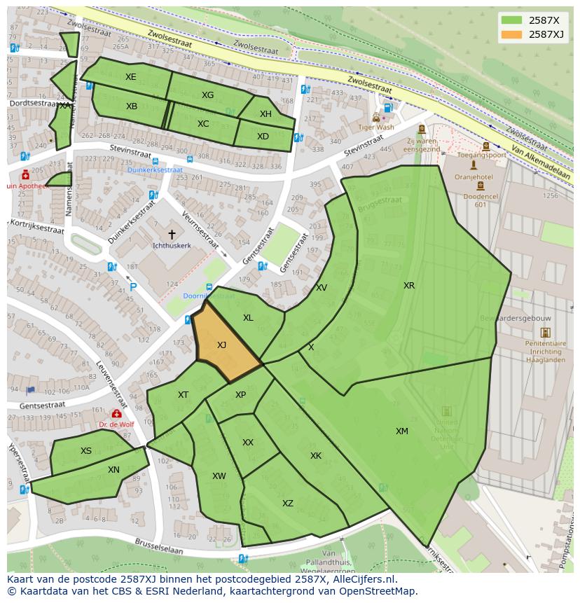 Afbeelding van het postcodegebied 2587 XJ op de kaart.