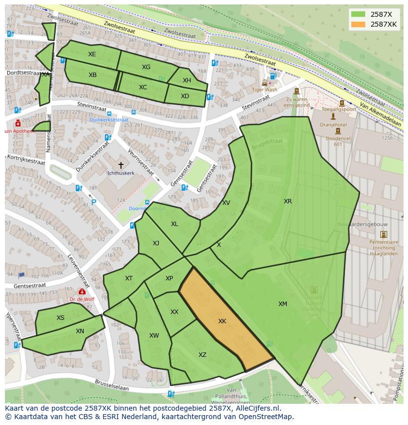 Afbeelding van het postcodegebied 2587 XK op de kaart.