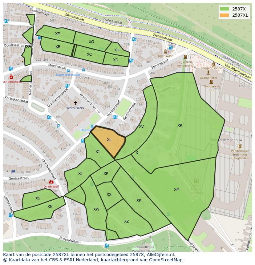 Afbeelding van het postcodegebied 2587 XL op de kaart.