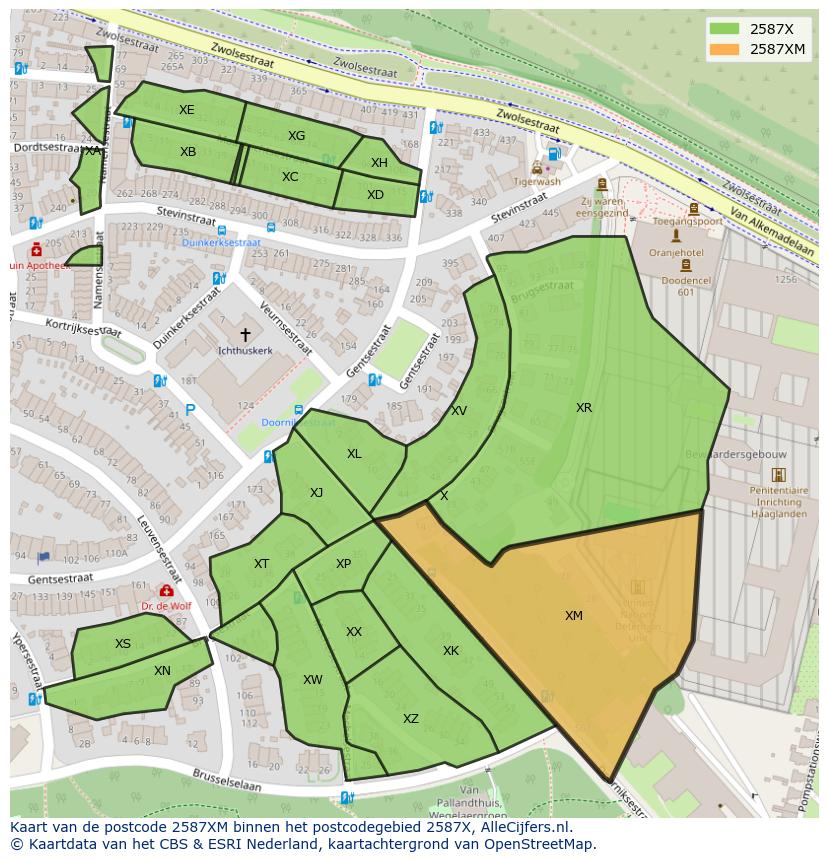 Afbeelding van het postcodegebied 2587 XM op de kaart.