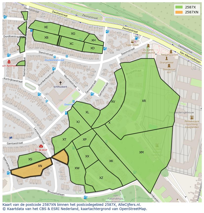 Afbeelding van het postcodegebied 2587 XN op de kaart.
