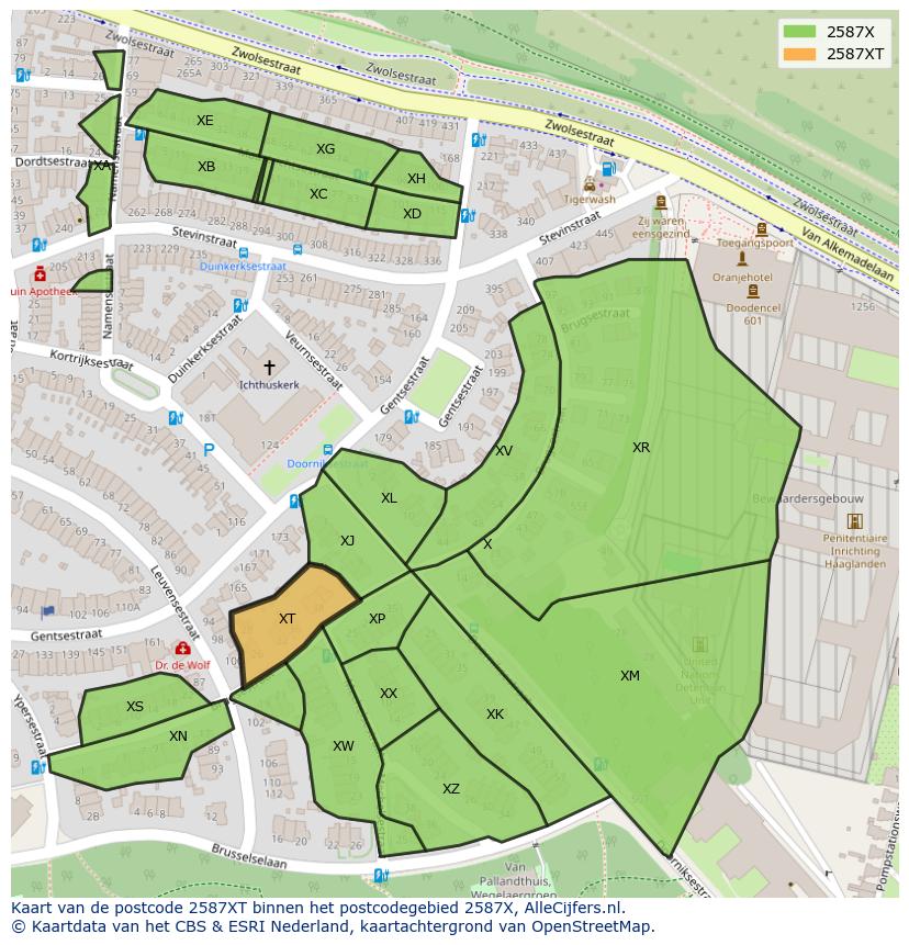 Afbeelding van het postcodegebied 2587 XT op de kaart.