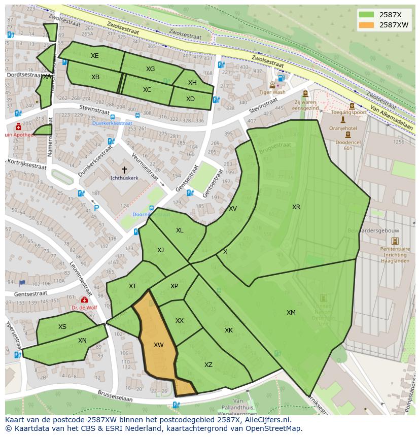 Afbeelding van het postcodegebied 2587 XW op de kaart.