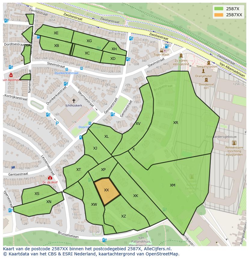 Afbeelding van het postcodegebied 2587 XX op de kaart.