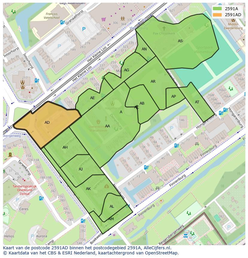 Afbeelding van het postcodegebied 2591 AD op de kaart.