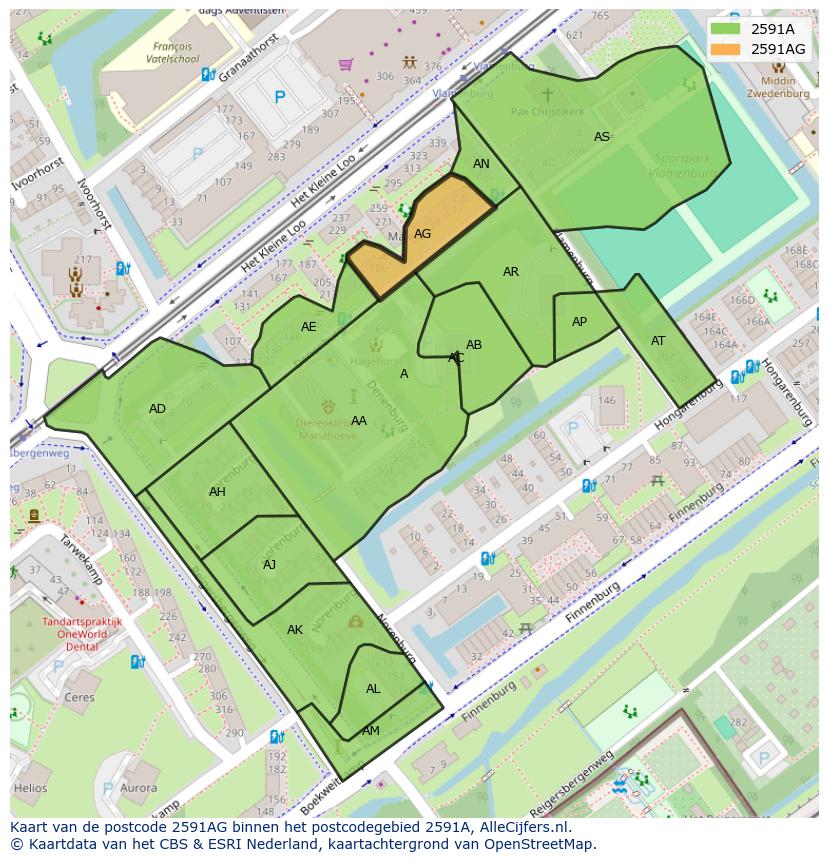 Afbeelding van het postcodegebied 2591 AG op de kaart.