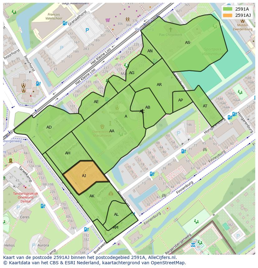 Afbeelding van het postcodegebied 2591 AJ op de kaart.