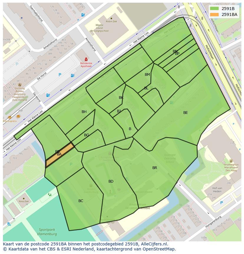 Afbeelding van het postcodegebied 2591 BA op de kaart.