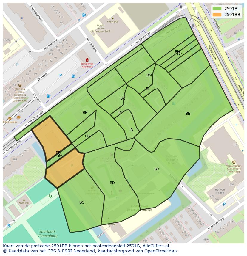 Afbeelding van het postcodegebied 2591 BB op de kaart.