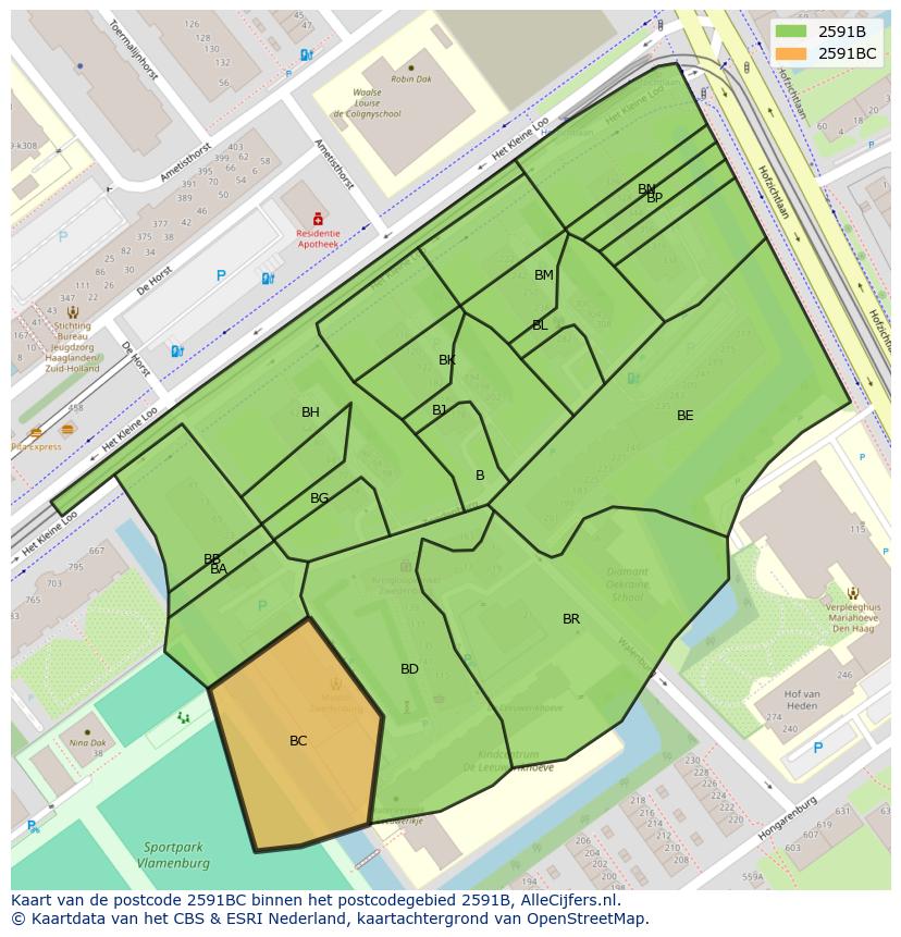 Afbeelding van het postcodegebied 2591 BC op de kaart.