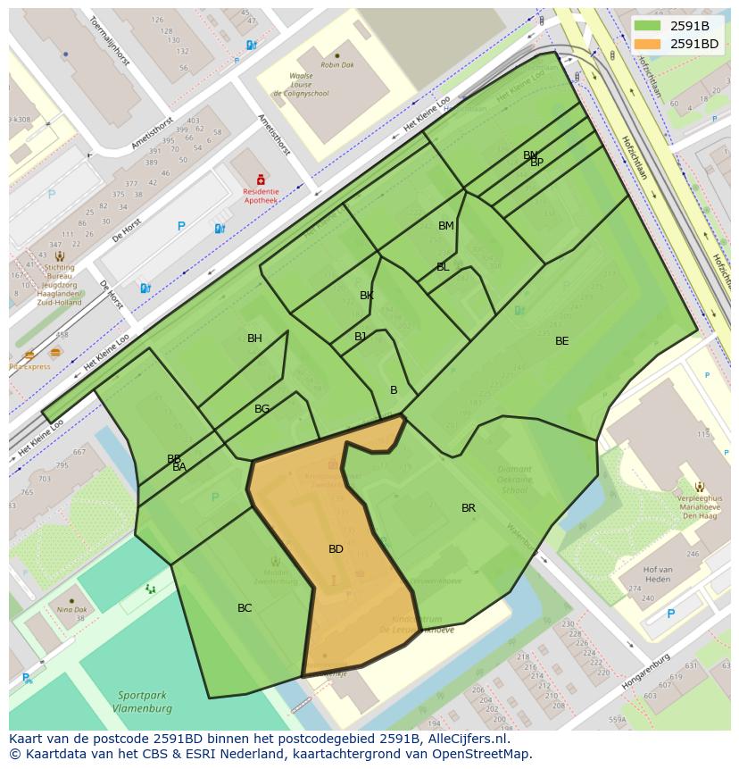 Afbeelding van het postcodegebied 2591 BD op de kaart.