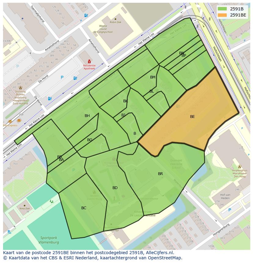 Afbeelding van het postcodegebied 2591 BE op de kaart.