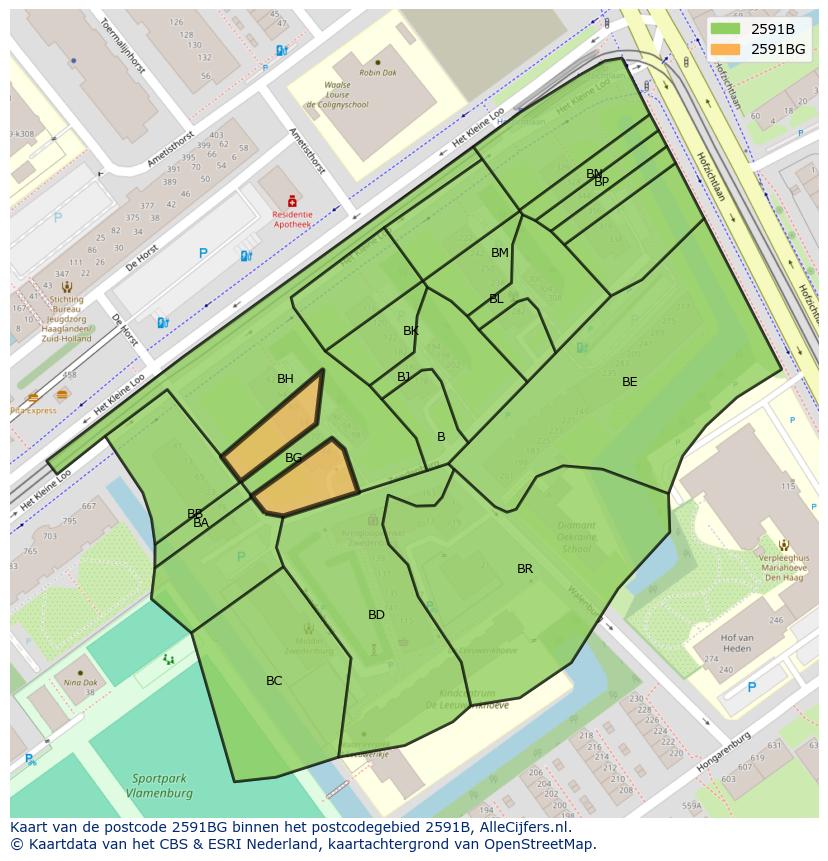 Afbeelding van het postcodegebied 2591 BG op de kaart.