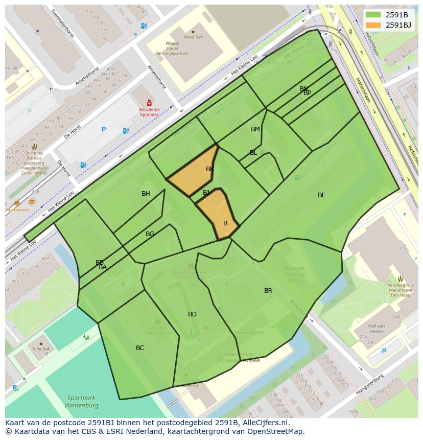 Afbeelding van het postcodegebied 2591 BJ op de kaart.