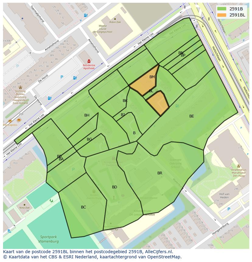 Afbeelding van het postcodegebied 2591 BL op de kaart.