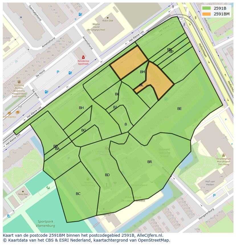 Afbeelding van het postcodegebied 2591 BM op de kaart.