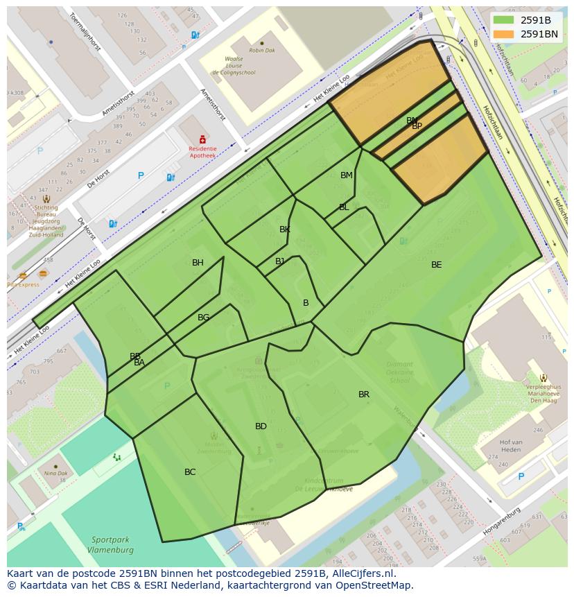 Afbeelding van het postcodegebied 2591 BN op de kaart.