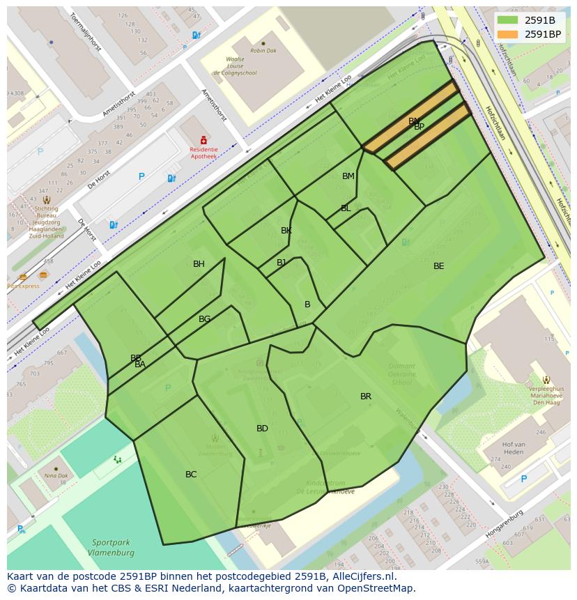 Afbeelding van het postcodegebied 2591 BP op de kaart.