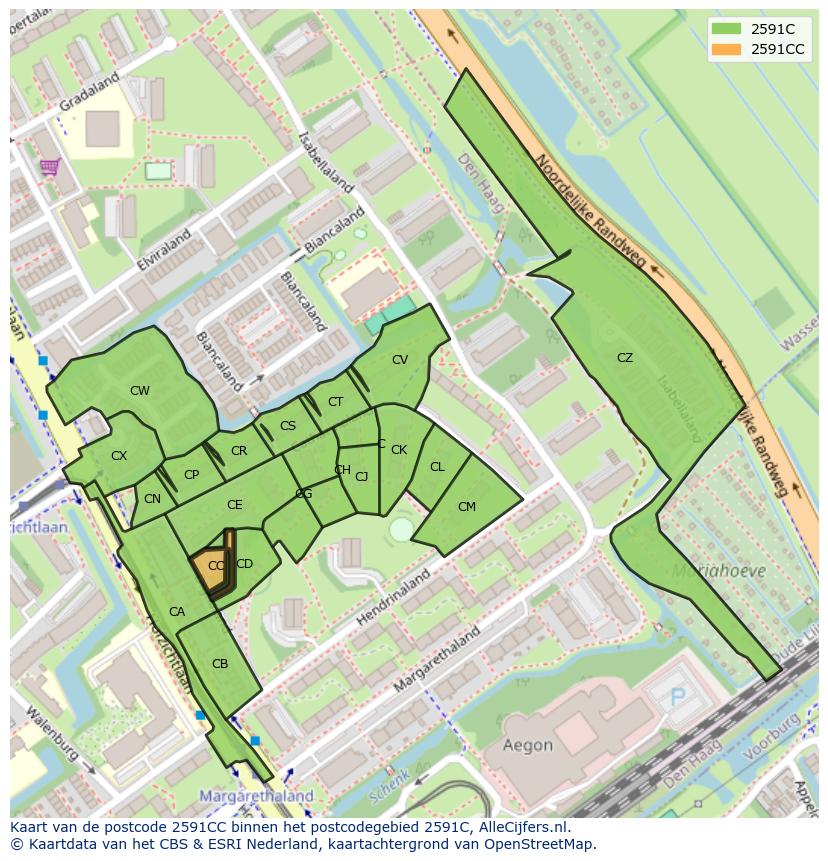 Afbeelding van het postcodegebied 2591 CC op de kaart.