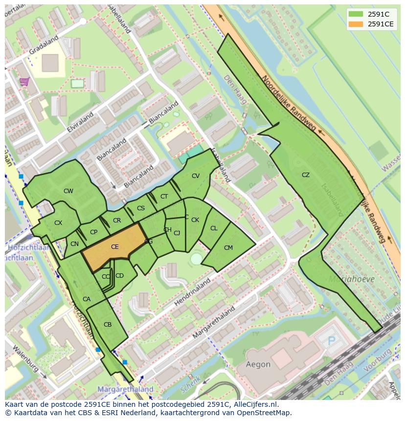 Afbeelding van het postcodegebied 2591 CE op de kaart.