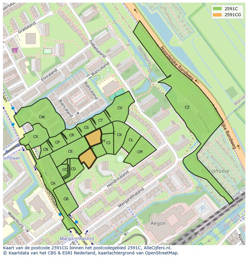 Afbeelding van het postcodegebied 2591 CG op de kaart.