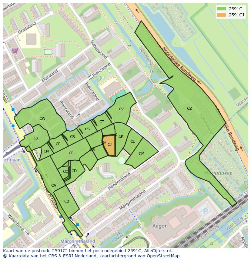 Afbeelding van het postcodegebied 2591 CJ op de kaart.
