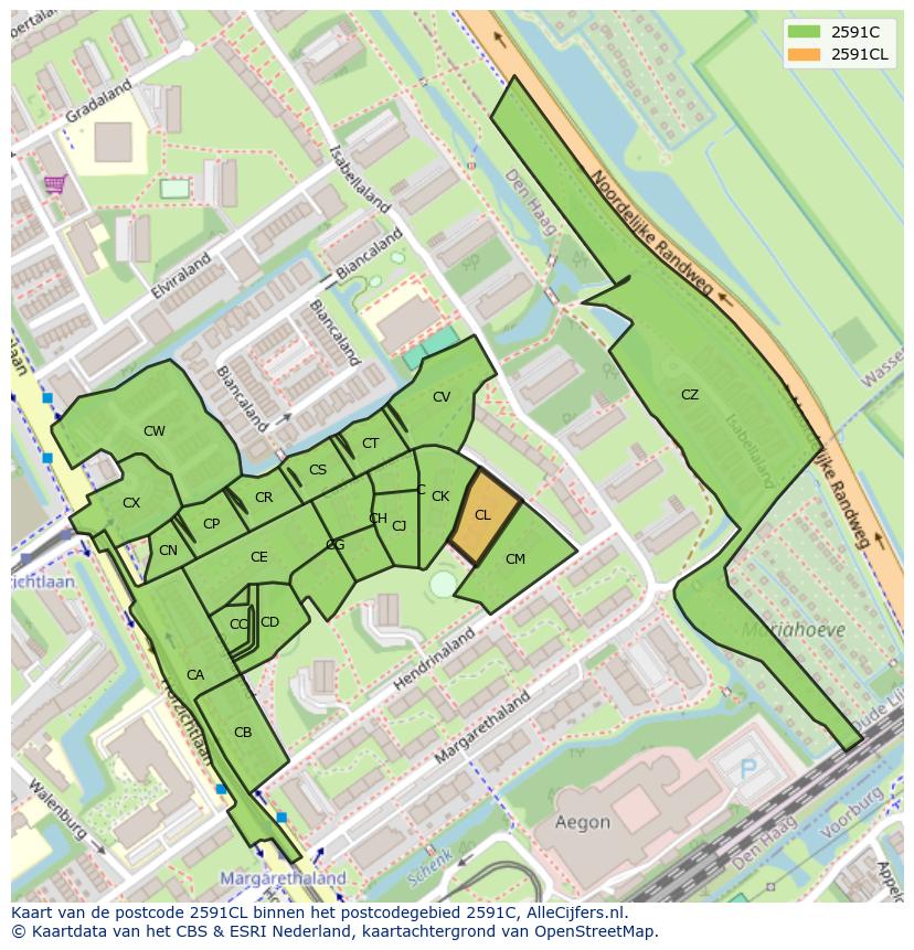 Afbeelding van het postcodegebied 2591 CL op de kaart.
