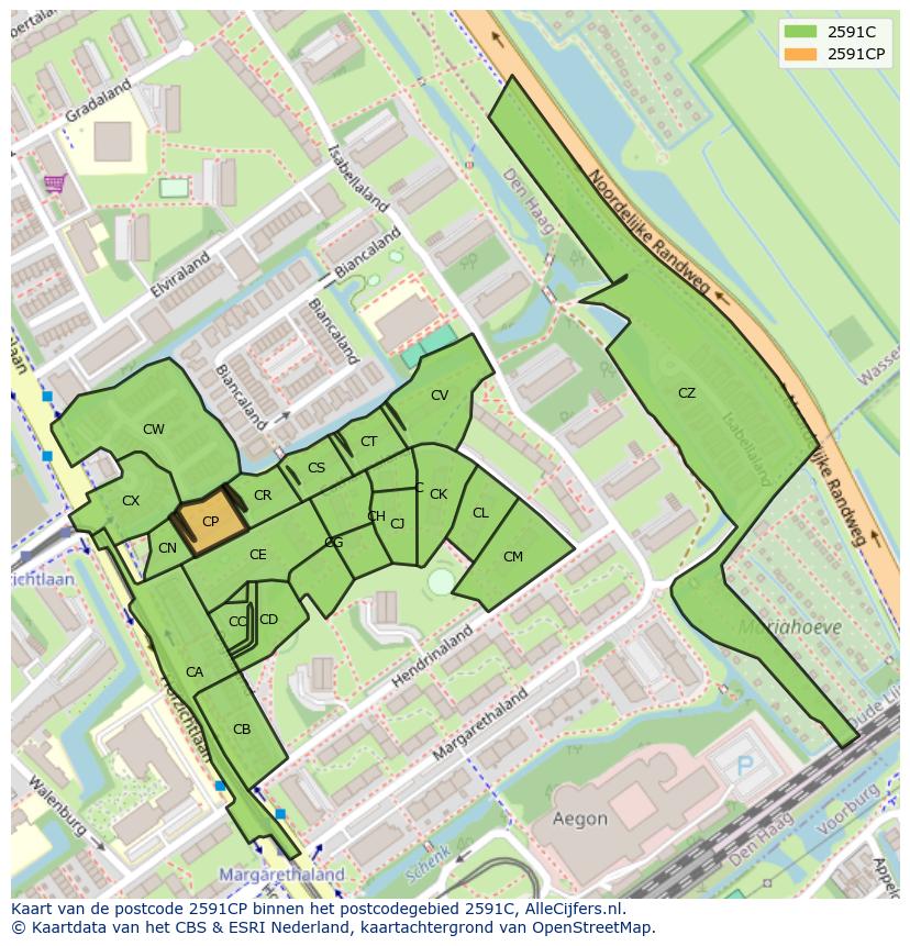 Afbeelding van het postcodegebied 2591 CP op de kaart.