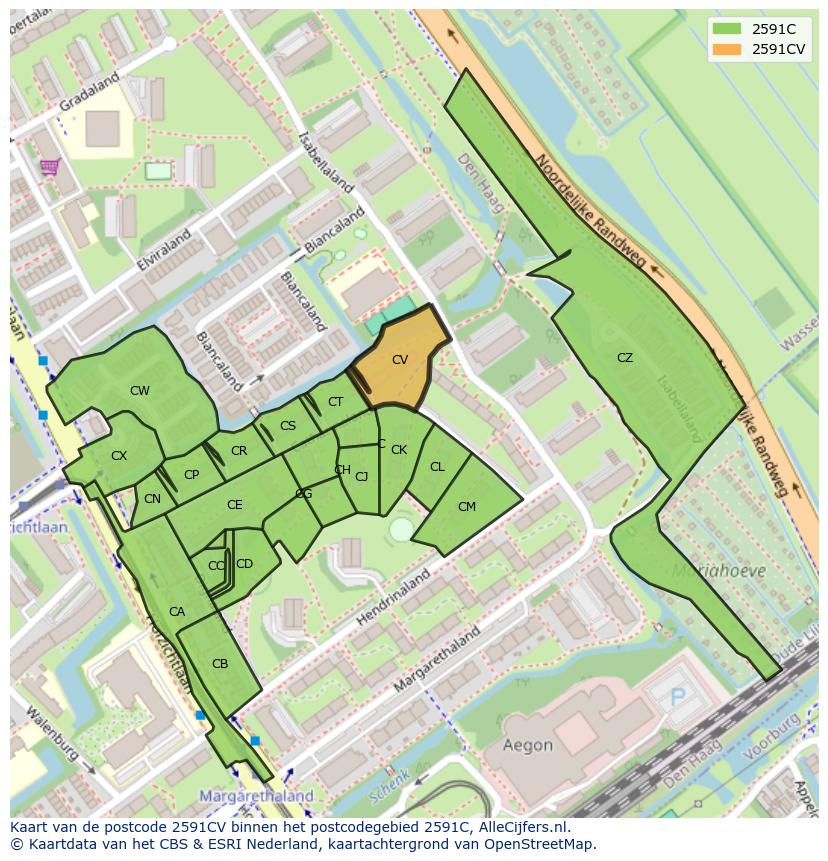 Afbeelding van het postcodegebied 2591 CV op de kaart.