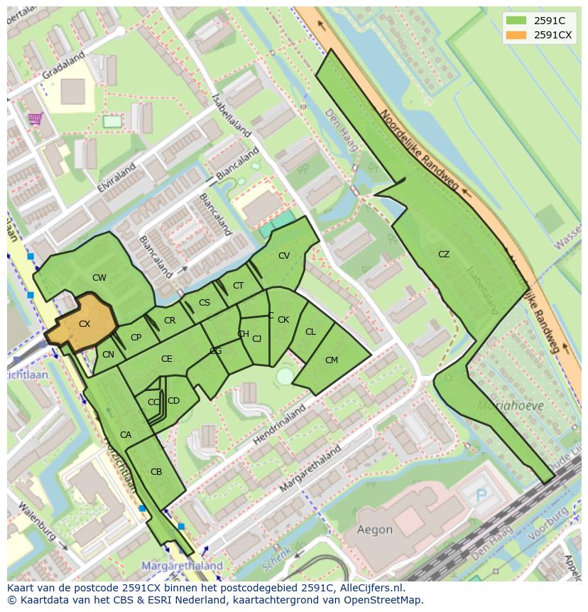 Afbeelding van het postcodegebied 2591 CX op de kaart.