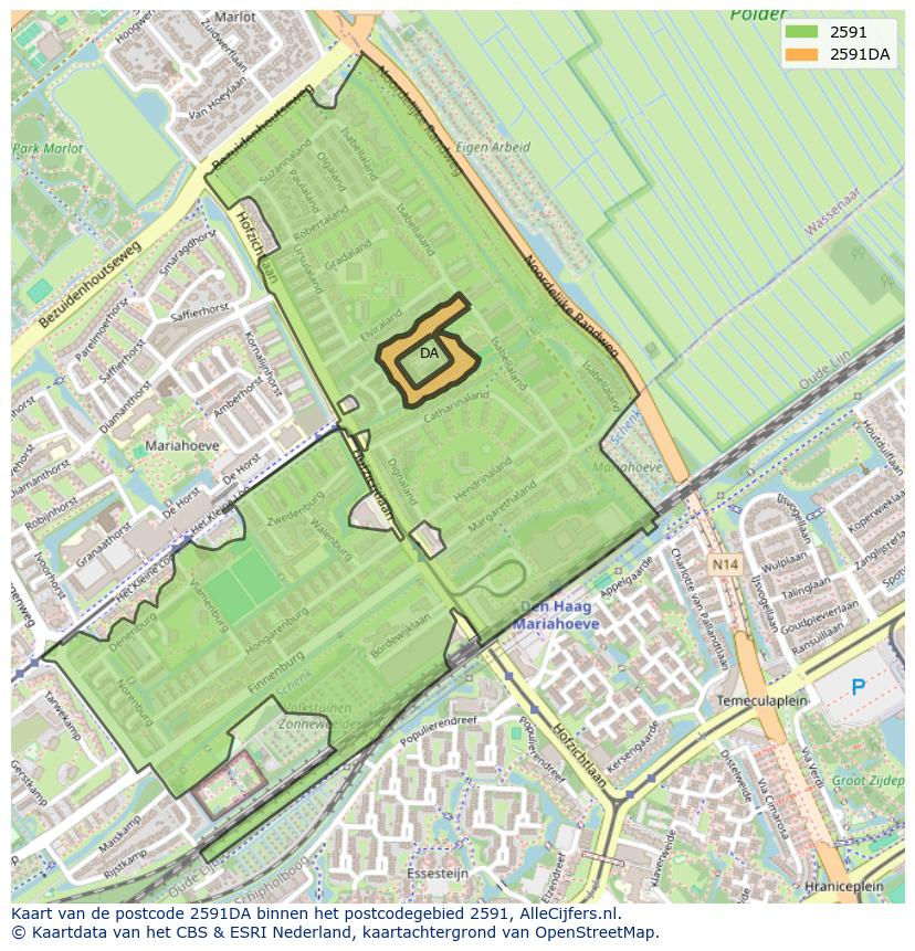 Afbeelding van het postcodegebied 2591 DA op de kaart.