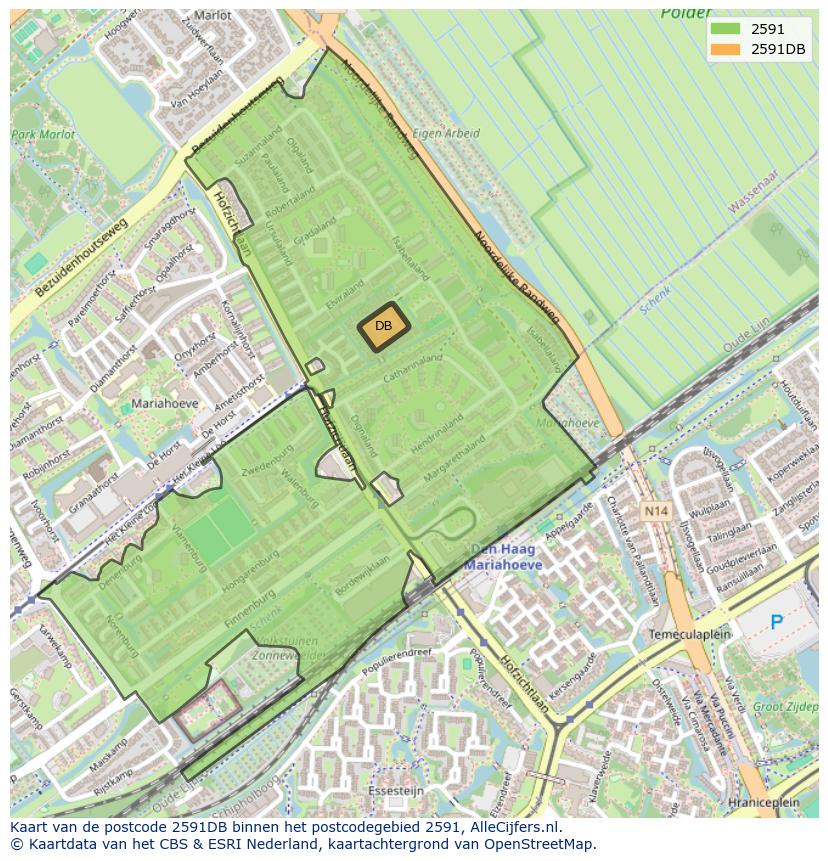 Afbeelding van het postcodegebied 2591 DB op de kaart.