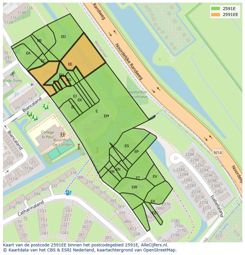 Afbeelding van het postcodegebied 2591 EE op de kaart.
