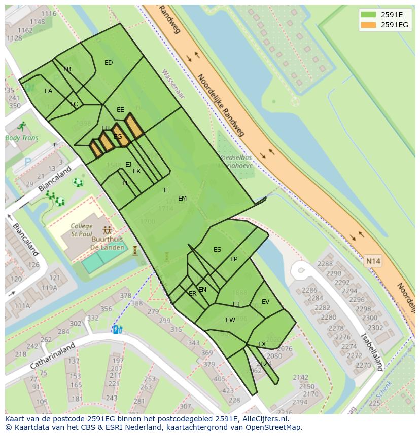 Afbeelding van het postcodegebied 2591 EG op de kaart.