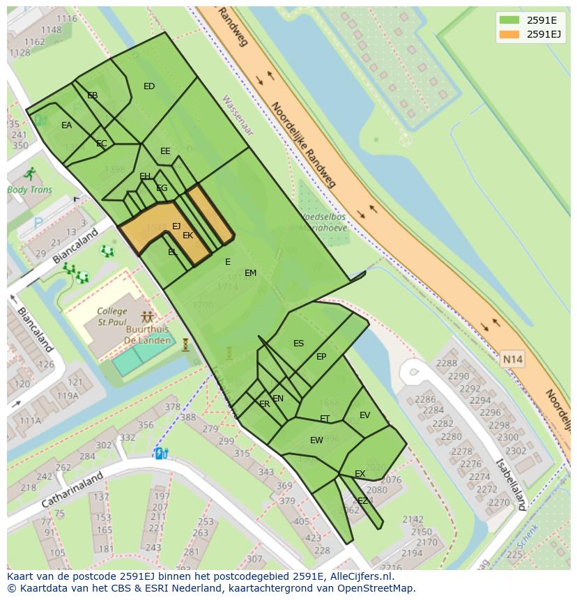 Afbeelding van het postcodegebied 2591 EJ op de kaart.