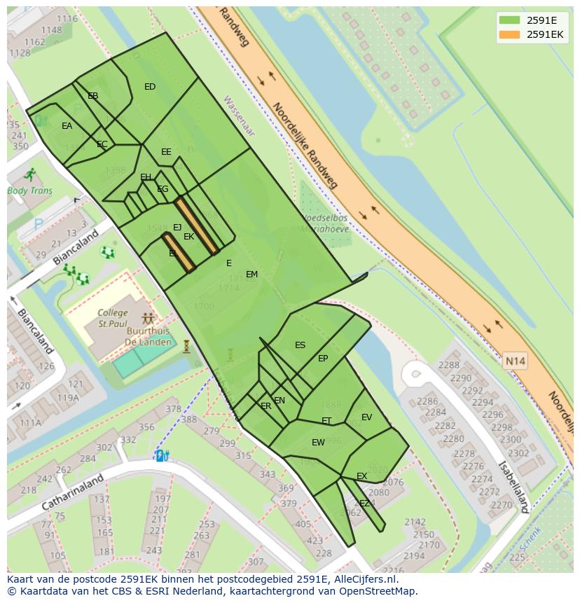 Afbeelding van het postcodegebied 2591 EK op de kaart.