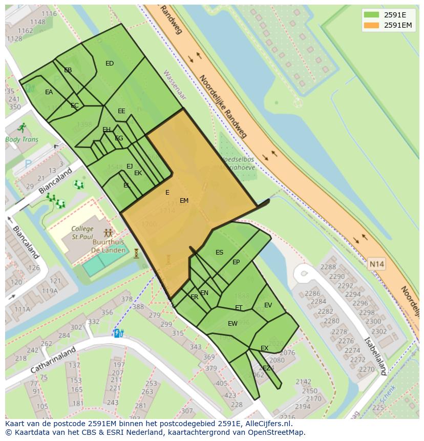 Afbeelding van het postcodegebied 2591 EM op de kaart.