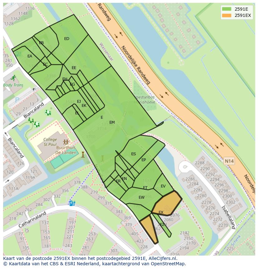 Afbeelding van het postcodegebied 2591 EX op de kaart.